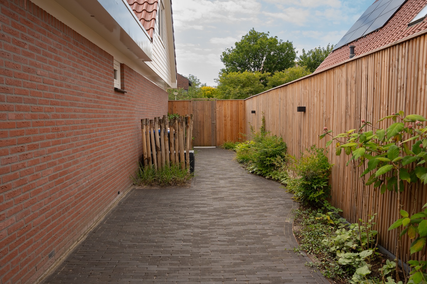 Verlicht tuinpad langs een nieuwe houten schutting, onderdeel van een tuinproject uitgevoerd door Snijers Tuinen.